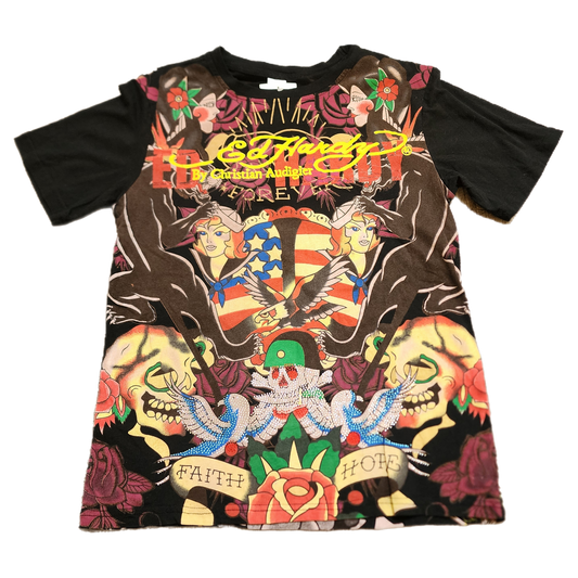 Ed Hardy AOP Black Tee - Size Small